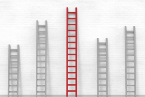 ladders placed up on a wall, with one distinctively standing out